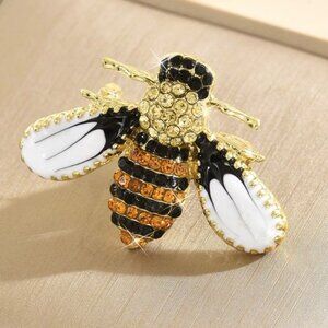 Brooch Bee Jewelry Golden Bee Rhinestone Brooch Black Enamel & Clear Gemstones
